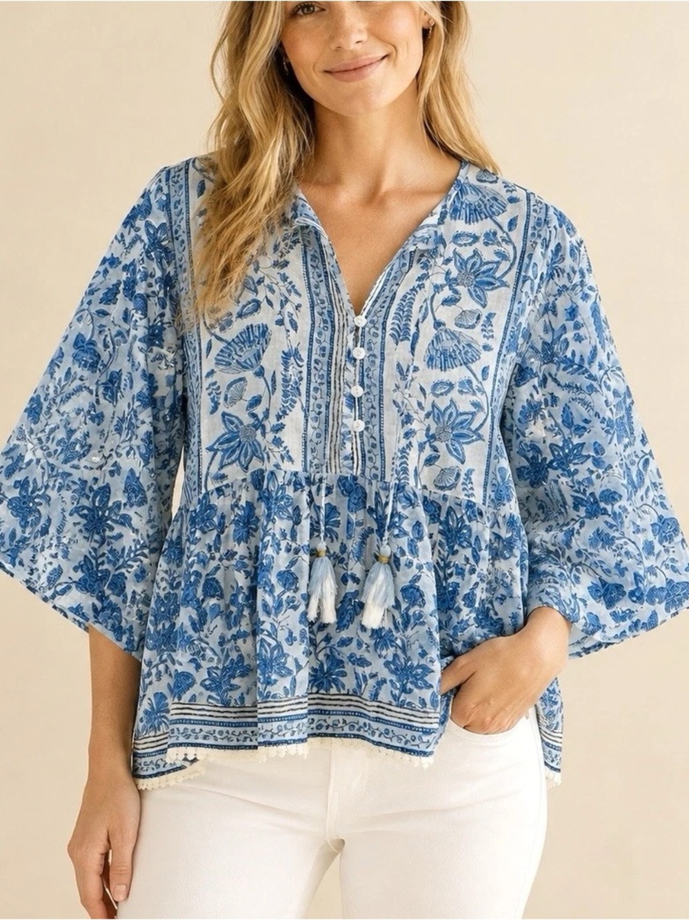 Chelsea & Theadore Blue Floral Peasant Boxy Blouse tassels lightweight resort 1X